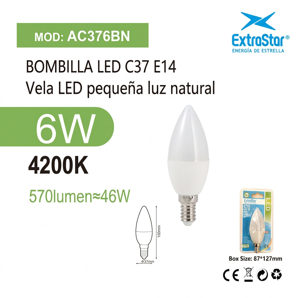 Bombilla LED C37 6W E14 4200K Luz Natural