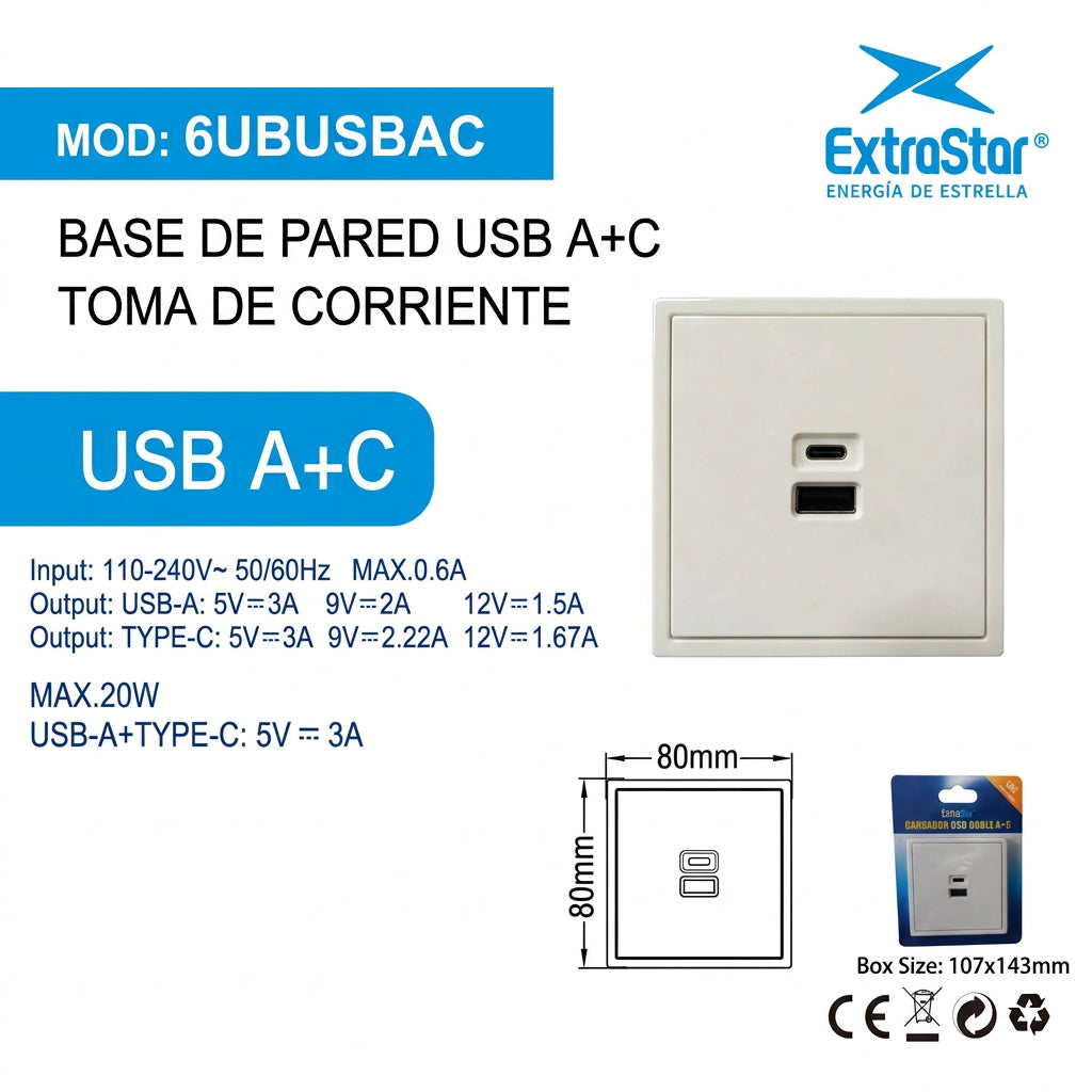 BASE DE PARED USB A+C 20W