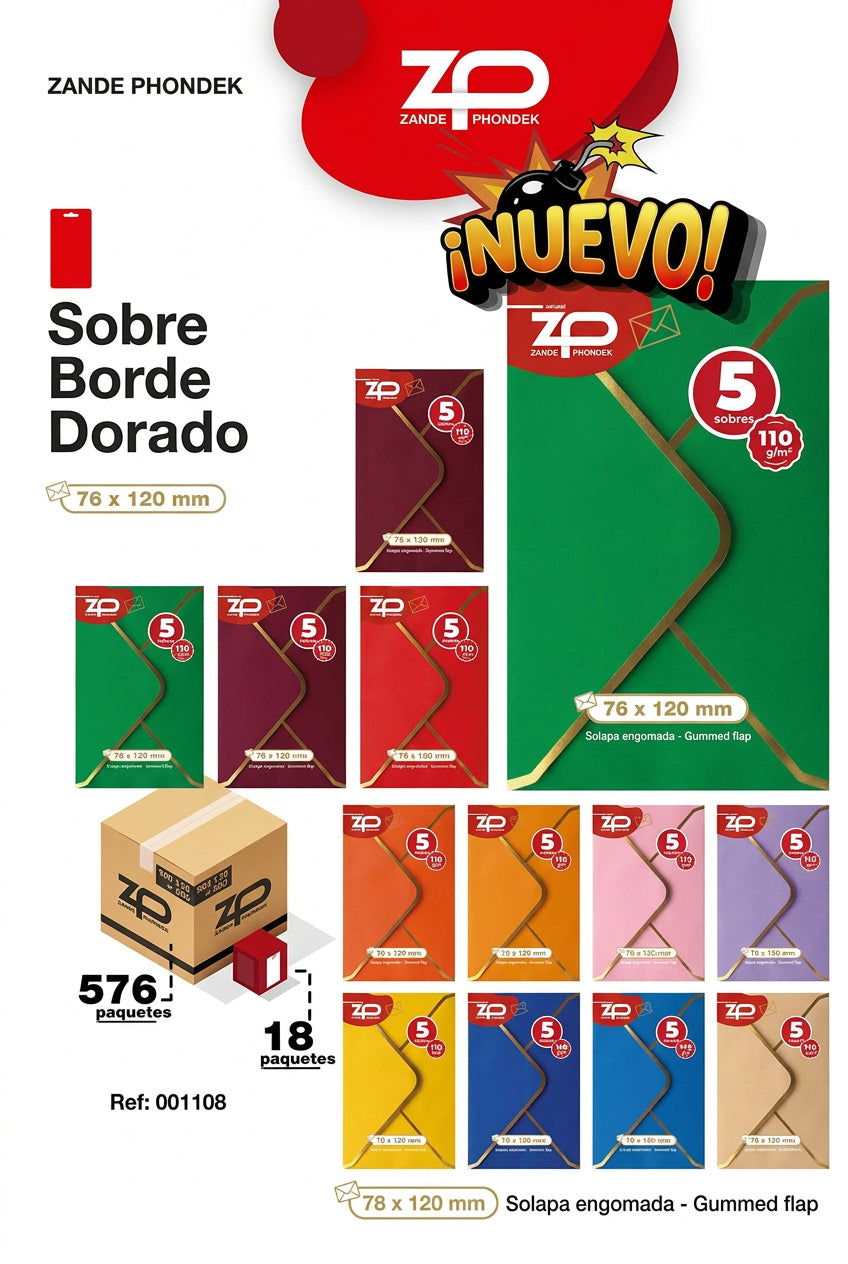 5 Sobres Borde Dorado 76x120 110 gr