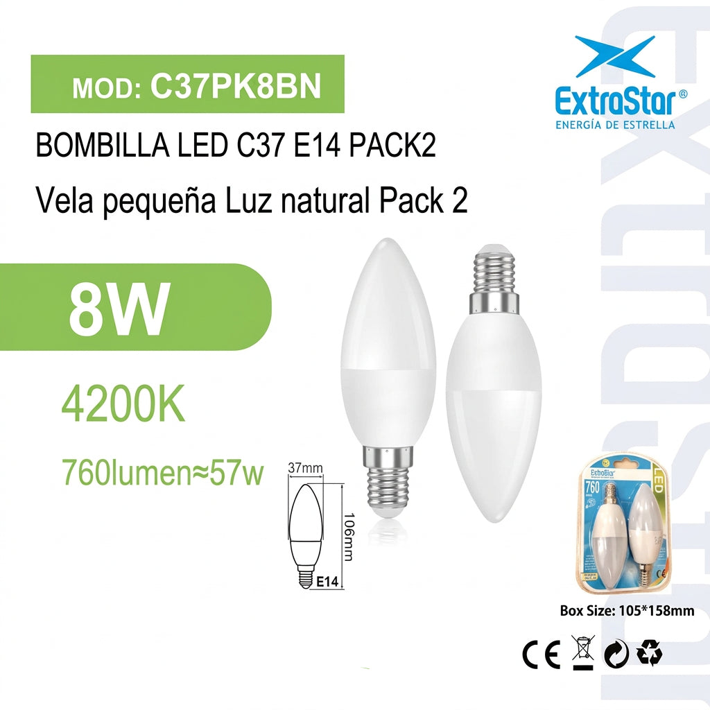 Bombilla LED C37 E14 8W Pack2 Luz Natural
