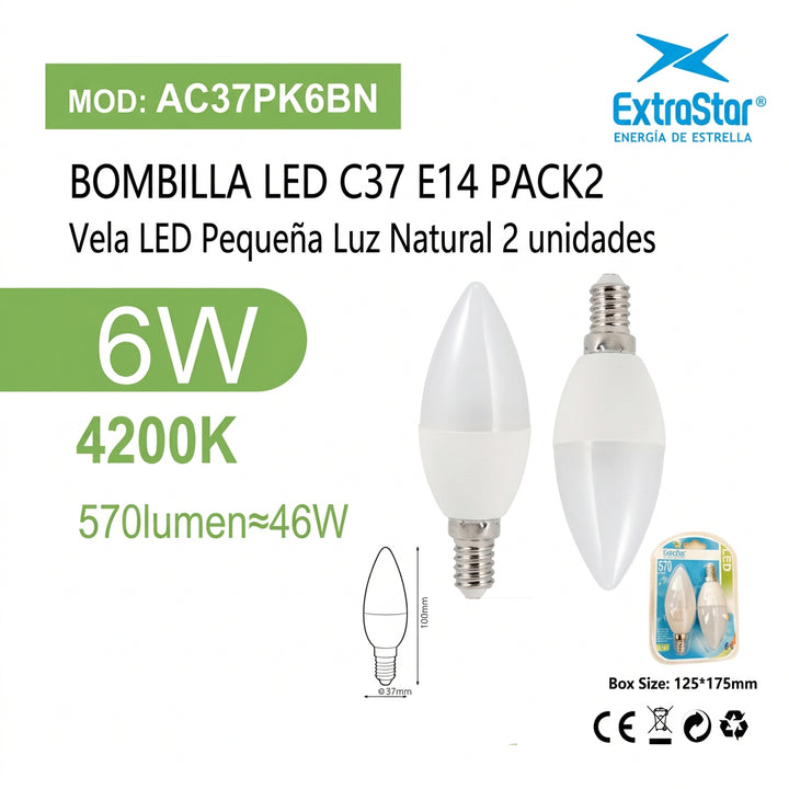 Bombilla LED C37 E14 6W 4200K Pack2