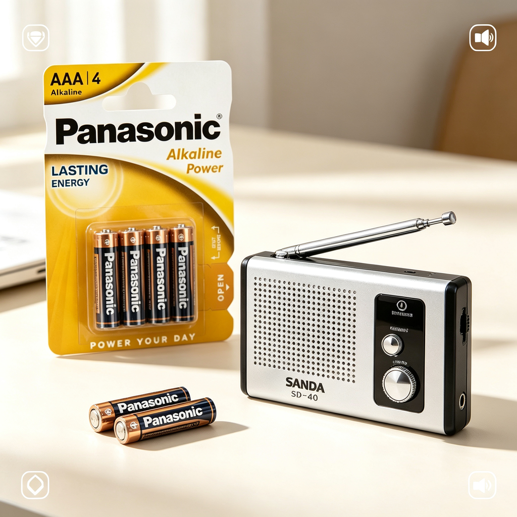Radio Portátil SANDA + Pack Pilas AAA Panasonic, Radio Mini para Hogar y Exterior