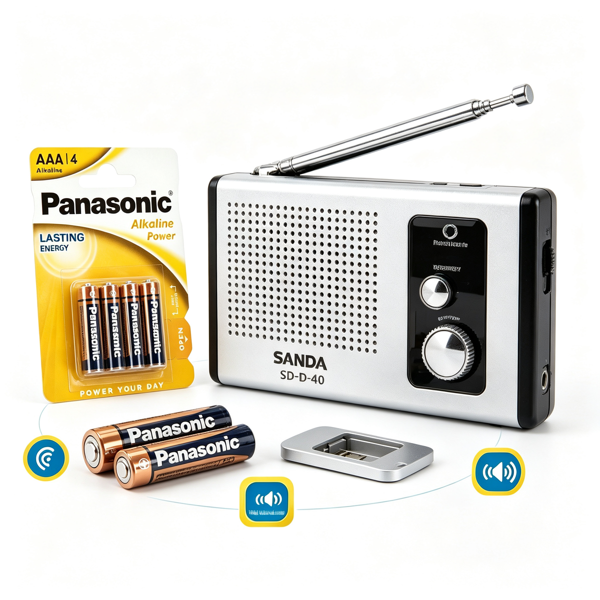 Radio Portátil SANDA + Pack Pilas AAA Panasonic, Radio Mini para Hogar y Exterior