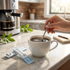Morning coffee scene: stirring Clear Protein stick into a cup of coffee