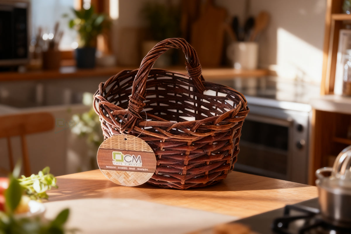Cesta Mimbre Ovalada Caoba con Asa