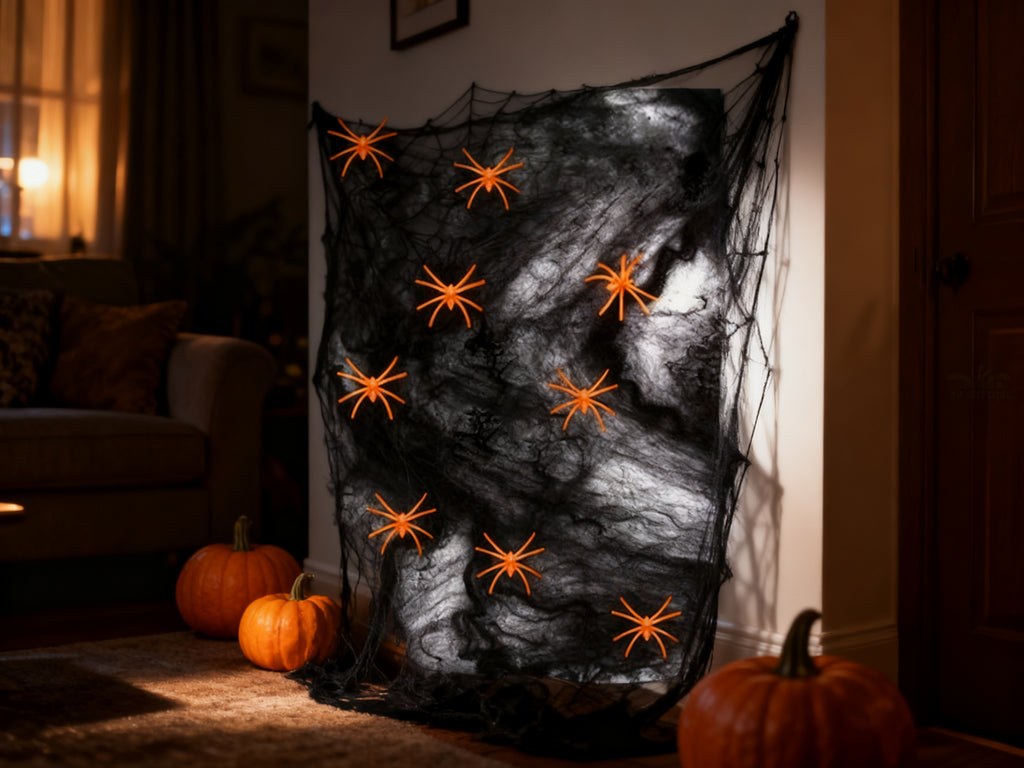 Tela de Araña Negra Halloween 100g con 10 Arañas