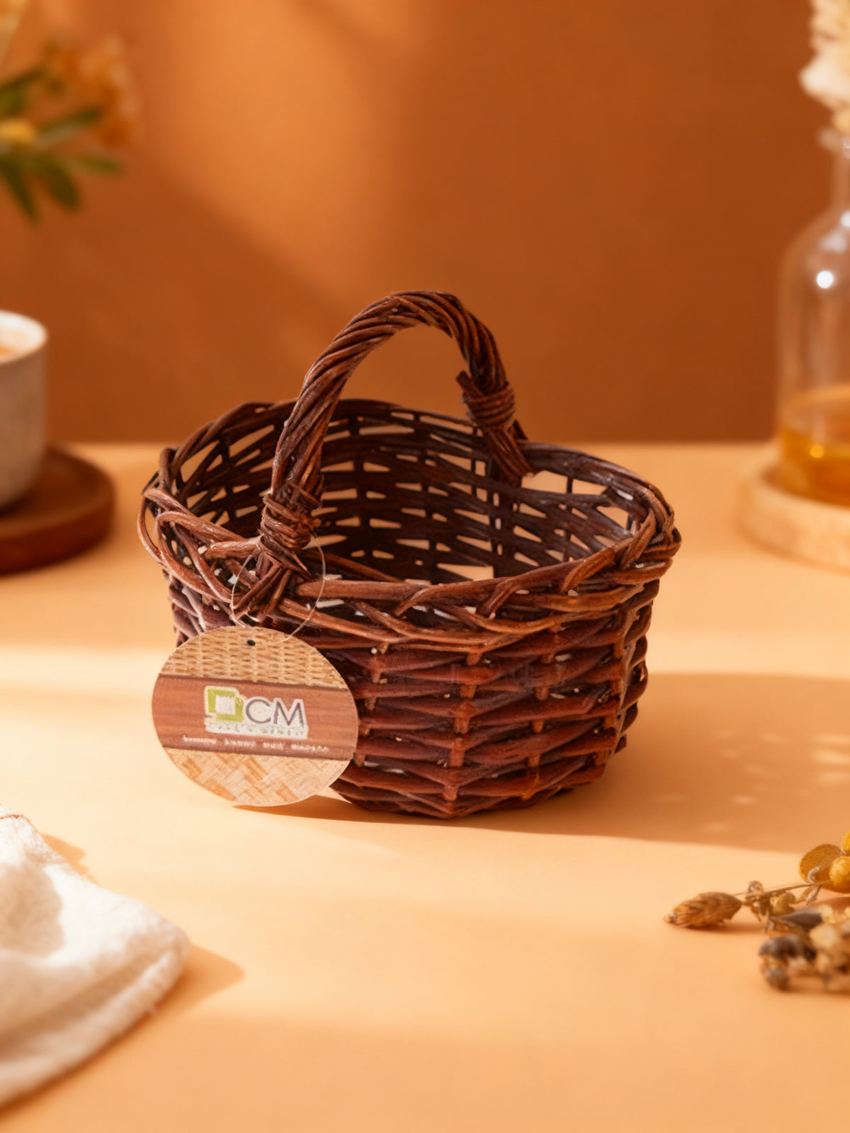 Cesta Mimbre Ovalada Caoba con Asa