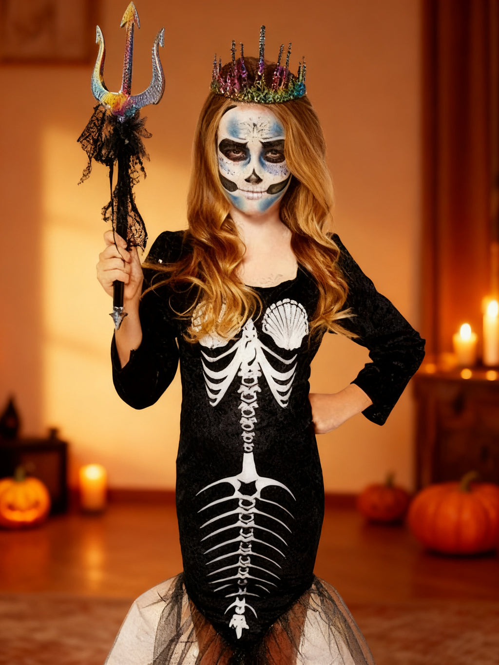 Nina Disfraz Sirena Esqueleto Negro