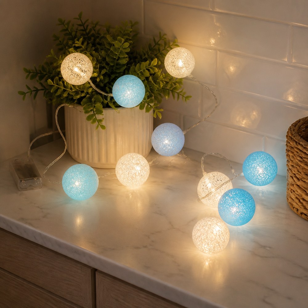 Guirnalda de Luces LED 10 Bolas | Blanco y Azul | Decoración Interior y Exterior