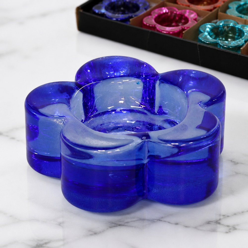Portavelas de Vidrio Azul | Diseño en Forma de Flor | Decoración Interior